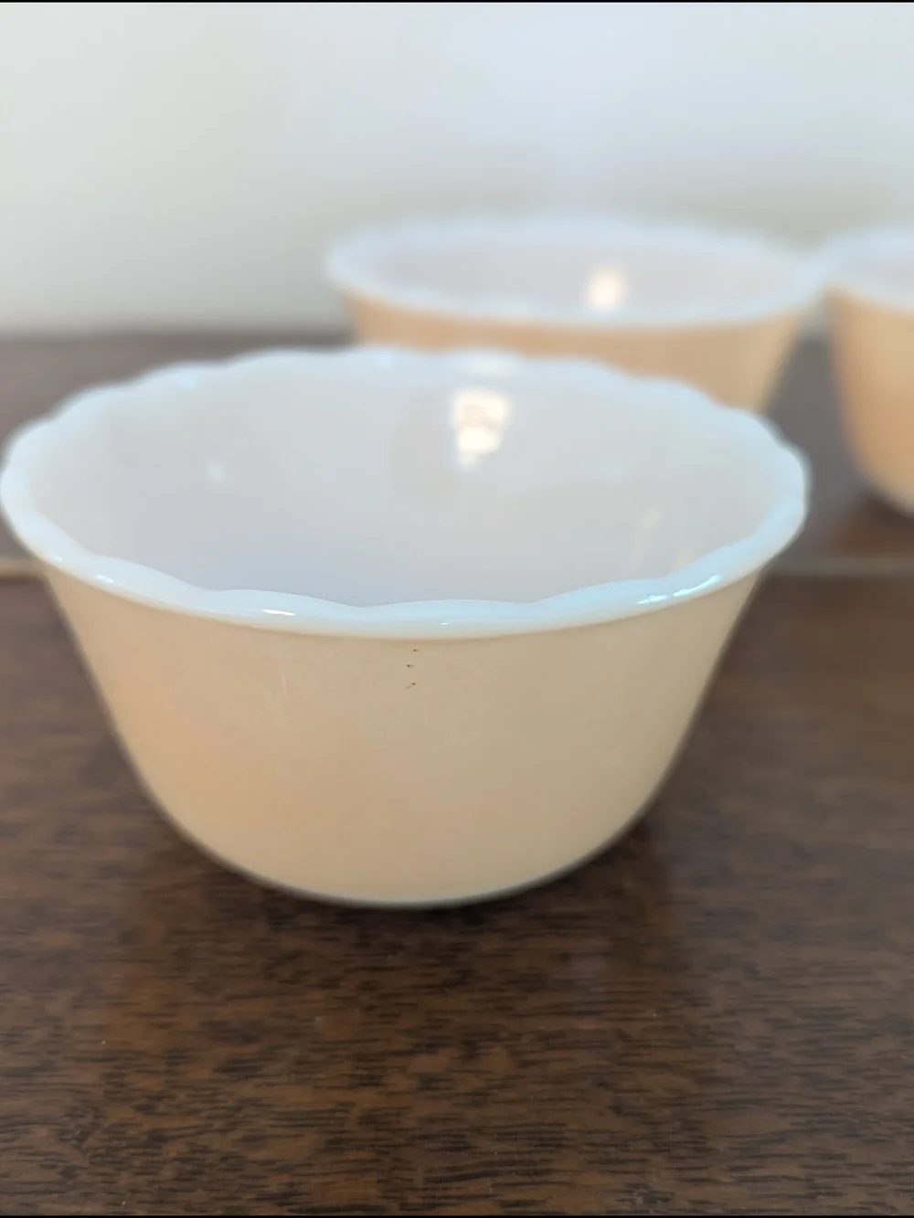 Set of 4 Fire King Peach Lustre Custard Cups • Scalloped Berry Bowls MCM